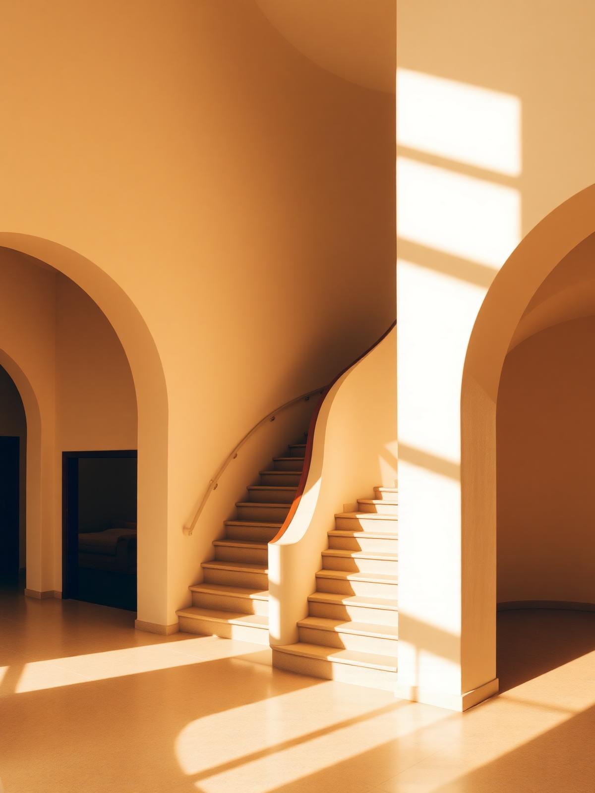 Arcos y escalera de una casa cálida en tonos beige